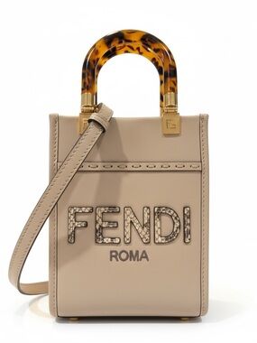 Fendi Mini Sunshine Leather Tote in Beige with Tortoiseshell Handles